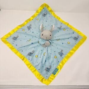 Goodnight Moon Gray Bunny Rabbit Blue Yellow Lovey Security Blanket Satin Trim